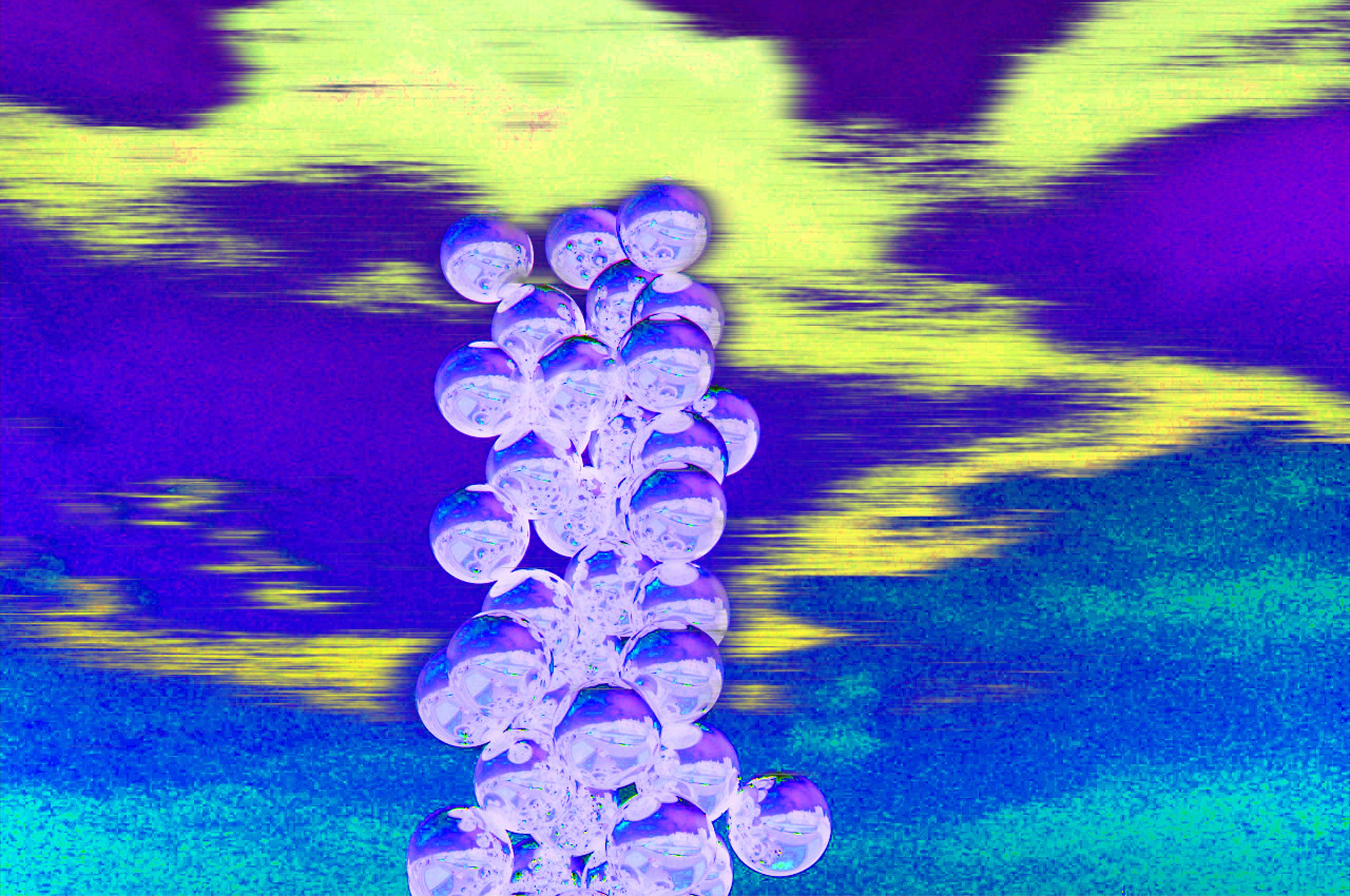 Bubbles overlayed on a washed out neon sky of purple and light green