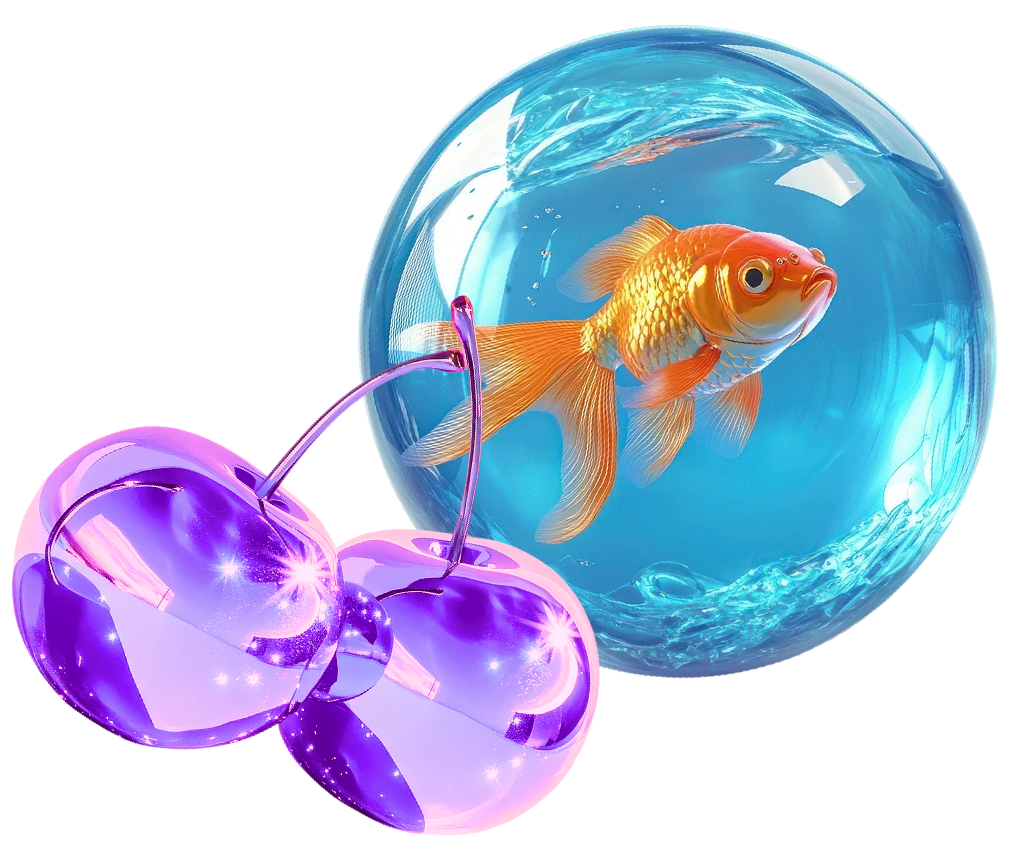 Goldfish in bubble with purple cherries below
